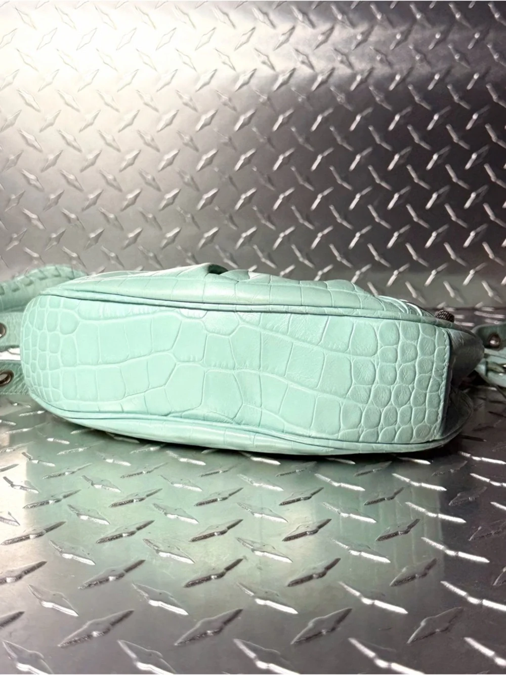 Balenciaga Supple Calfskin Croc Embossed Le Cagole Shoulder Bag in Green Aqua - Picture 5 of 11